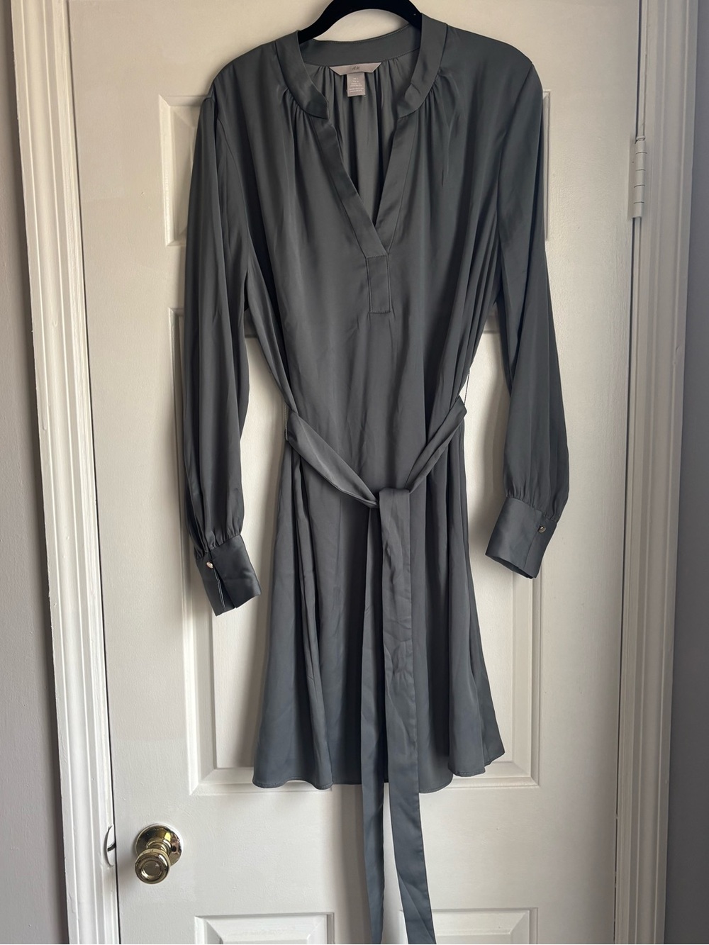 H&M Slate Gray Silky Long-Sleeve Tie-Waist Shirt Dress
